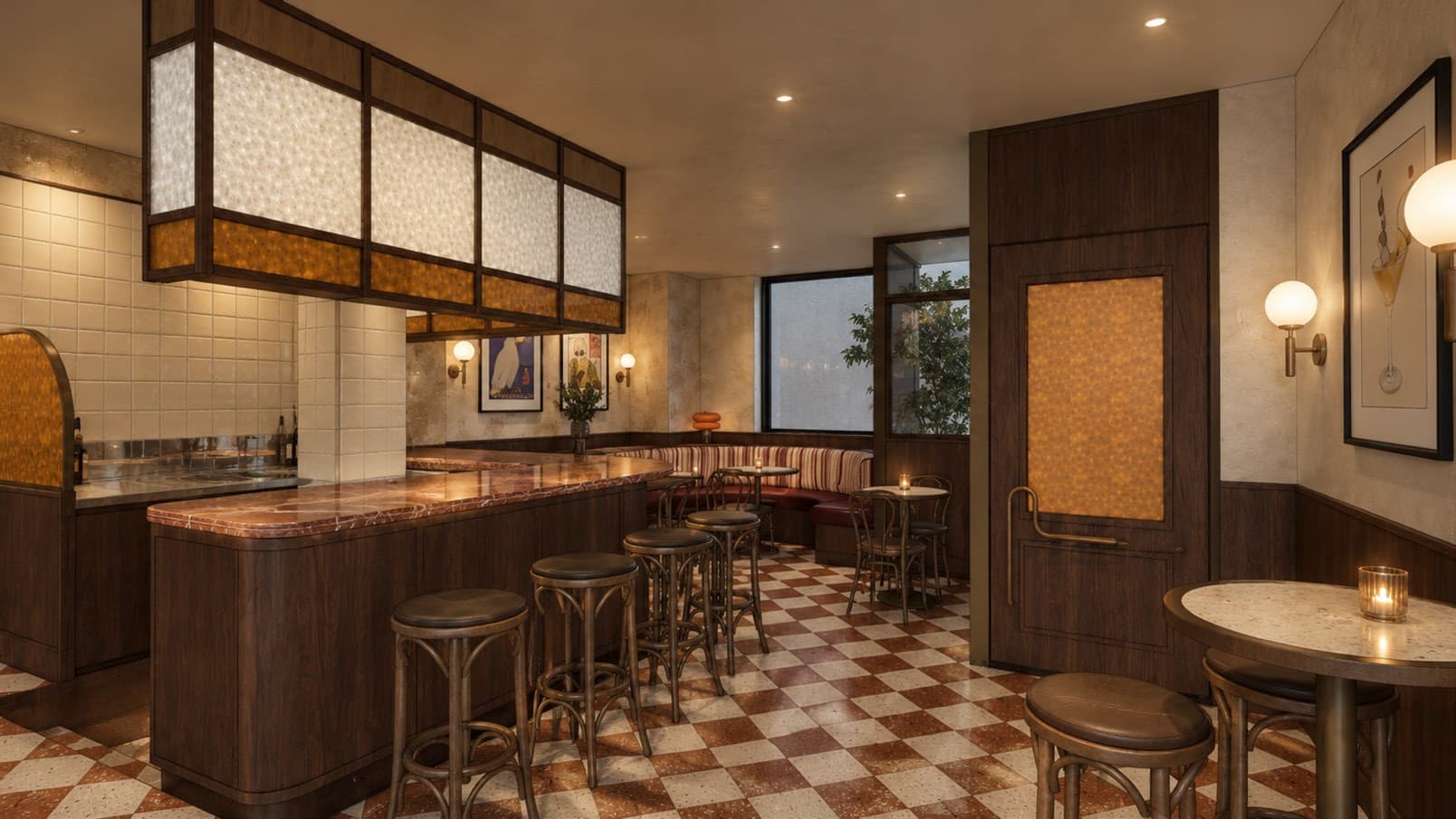 Design render of the bar, with a red marble counter, timber stools and a checkerboard floor