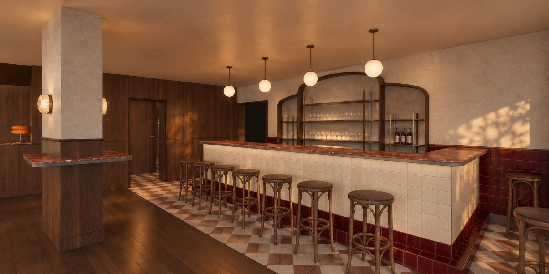 Design render of the tiled bar with a row of timber stools under globe pendant lights