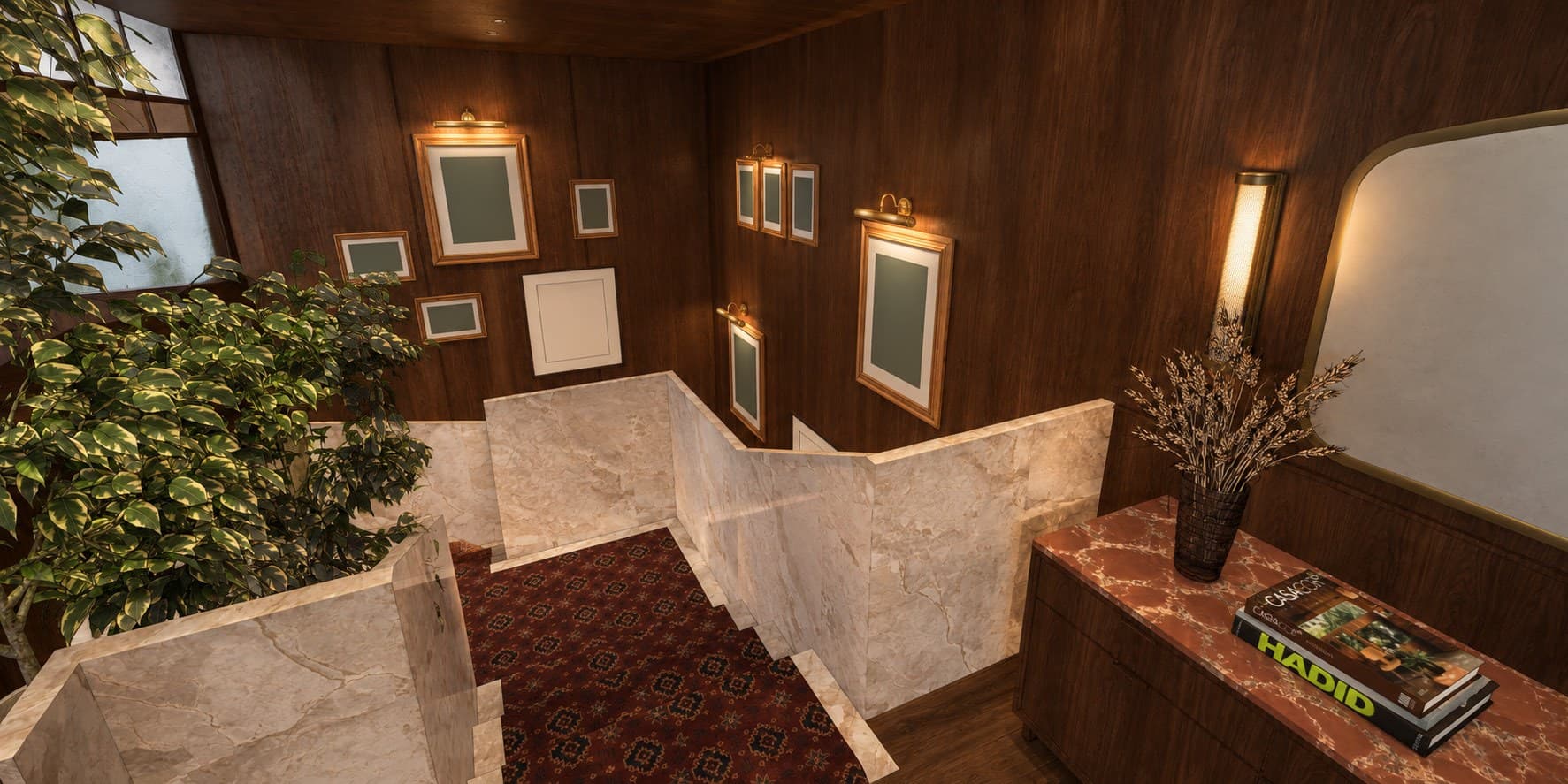Design render of the staircase, lined with timber panelling and framed pictures